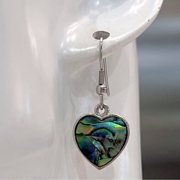 Abalone Shell Silver Heart Dangle Earrings - Picture 6 of 11